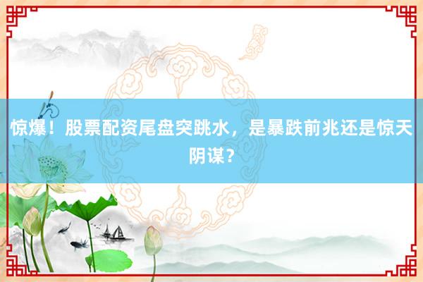 惊爆！股票配资尾盘突跳水，是暴跌前兆还是惊天阴谋？